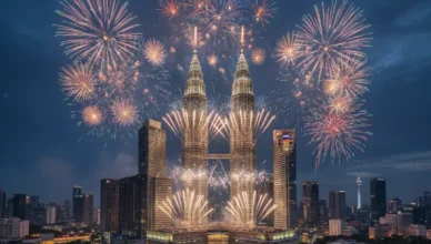 Fireworks at Petronas Twin Towers, Malaysia, New Year