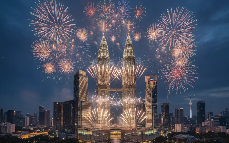 Fireworks at Petronas Twin Towers, Malaysia, New Year