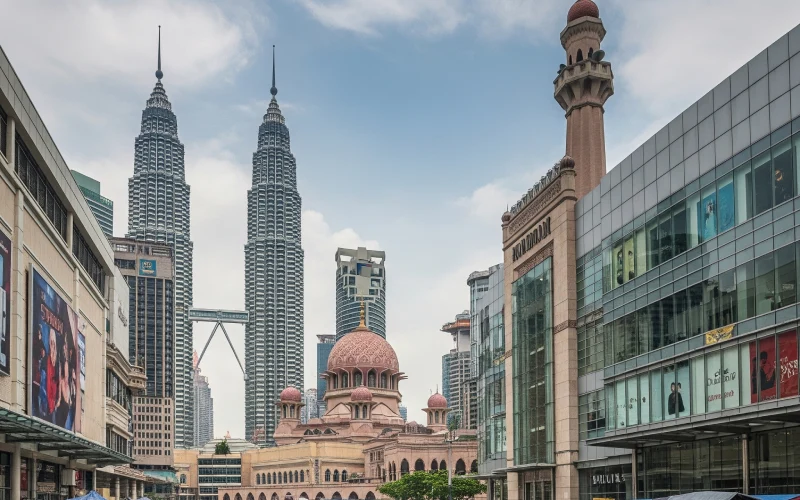 Kuala Lumpur mall, mosque, and Petronas Towers view.