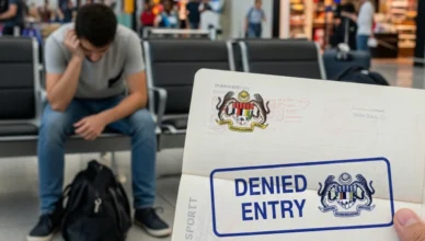 Passport with denied entry stamp at Malaysian airport