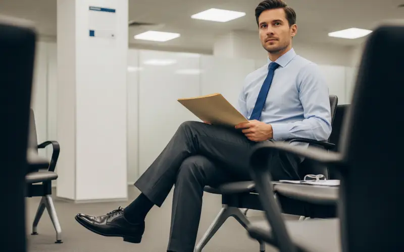 Man in suit sitting holding folder