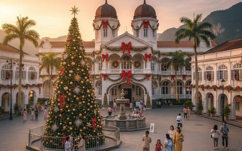 Christmas tree in front of colonial building in Ipoh, Malaysia