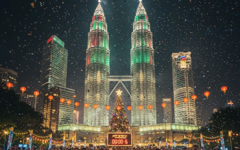 Christmas and New Year celebration at Petronas Towers in Kuala Lumpur