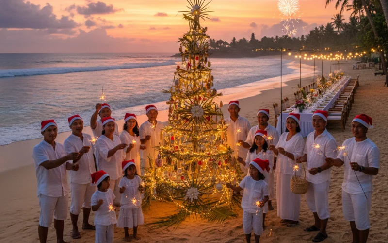 Bali beach Christmas with sparklers and tree