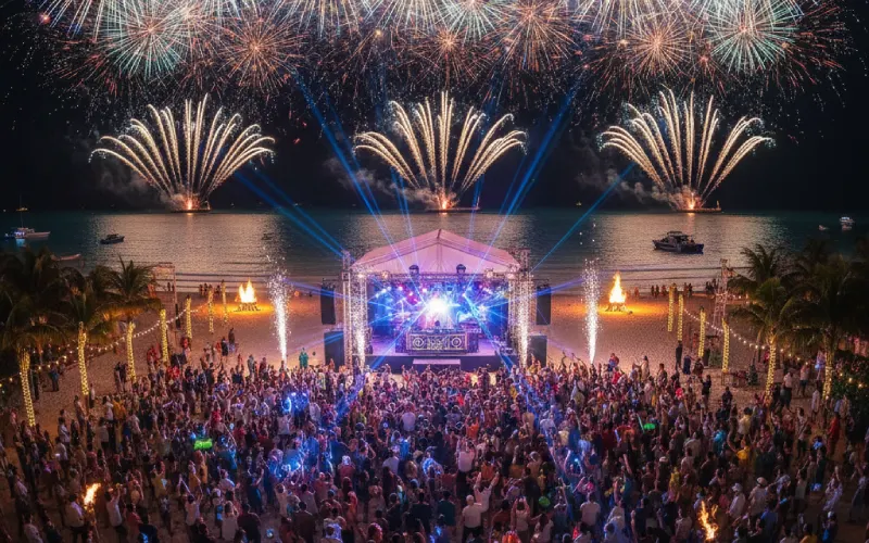 New Year's Eve beach party with fireworks and a large crowd