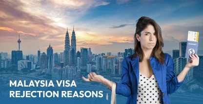 Confused woman holding passport and ticket in front of Kuala Lumpur skyline representing Malaysia visa rejection reasons