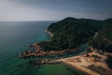 Aerial View of Scenic Tropical Cove and Beach in Malaysia